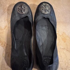 Tory Burch Black Flats with Silver Emblem